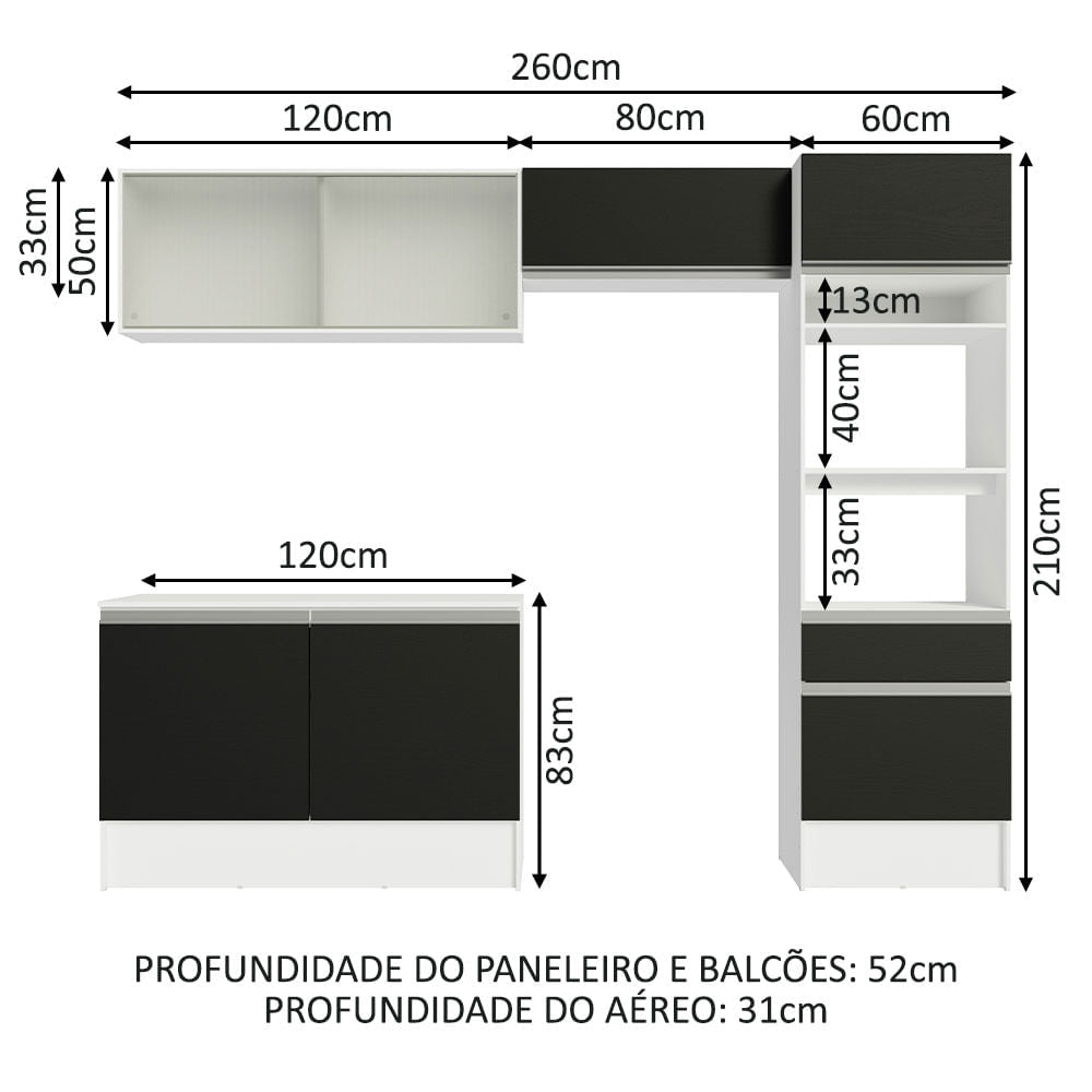 Armário de Cozinha Completa 260cm Branco/Preto Topazio Madesa 01