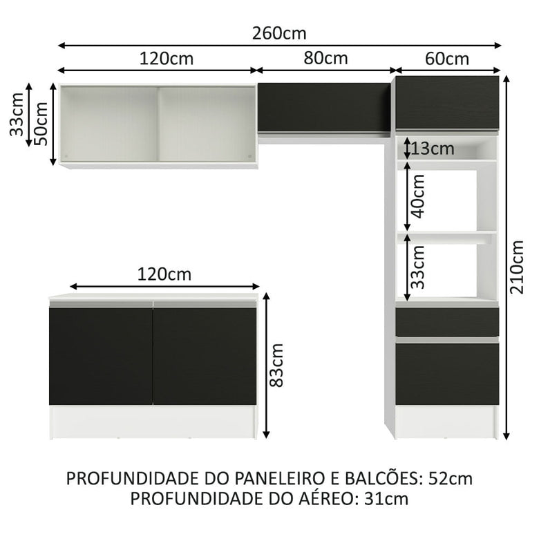 Armário de Cozinha Completa 260cm Branco/Preto Topazio Madesa 01