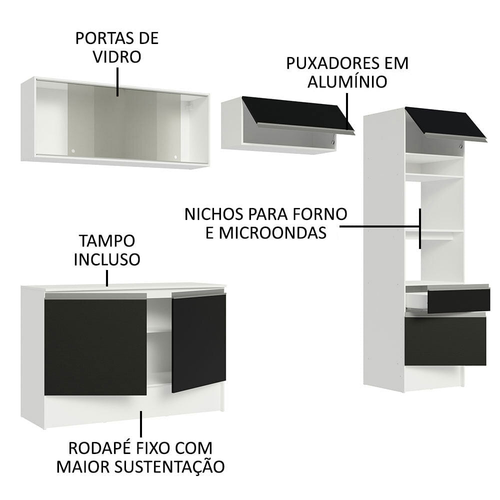 Armário de Cozinha Completa 260cm Branco/Preto Topazio Madesa 01