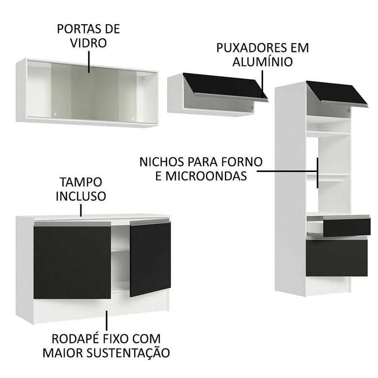 Armário de Cozinha Completa 260cm Branco/Preto Topazio Madesa 01