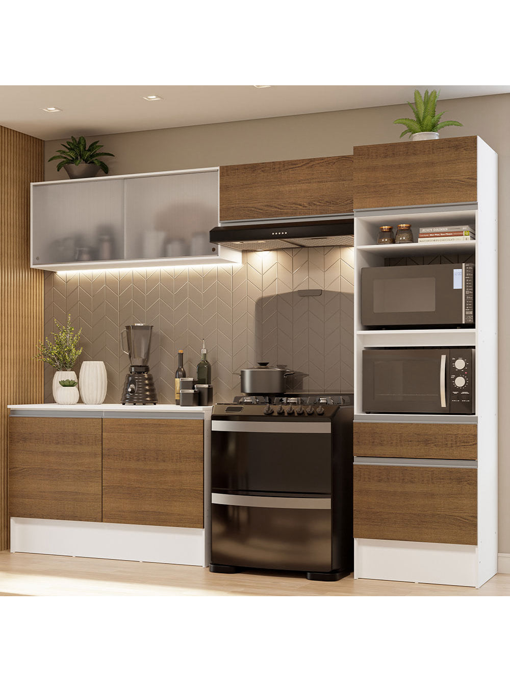 Armário de Cozinha Completa 260cm Branco/Rustic Topazio Madesa 01 - Branco/Rustic