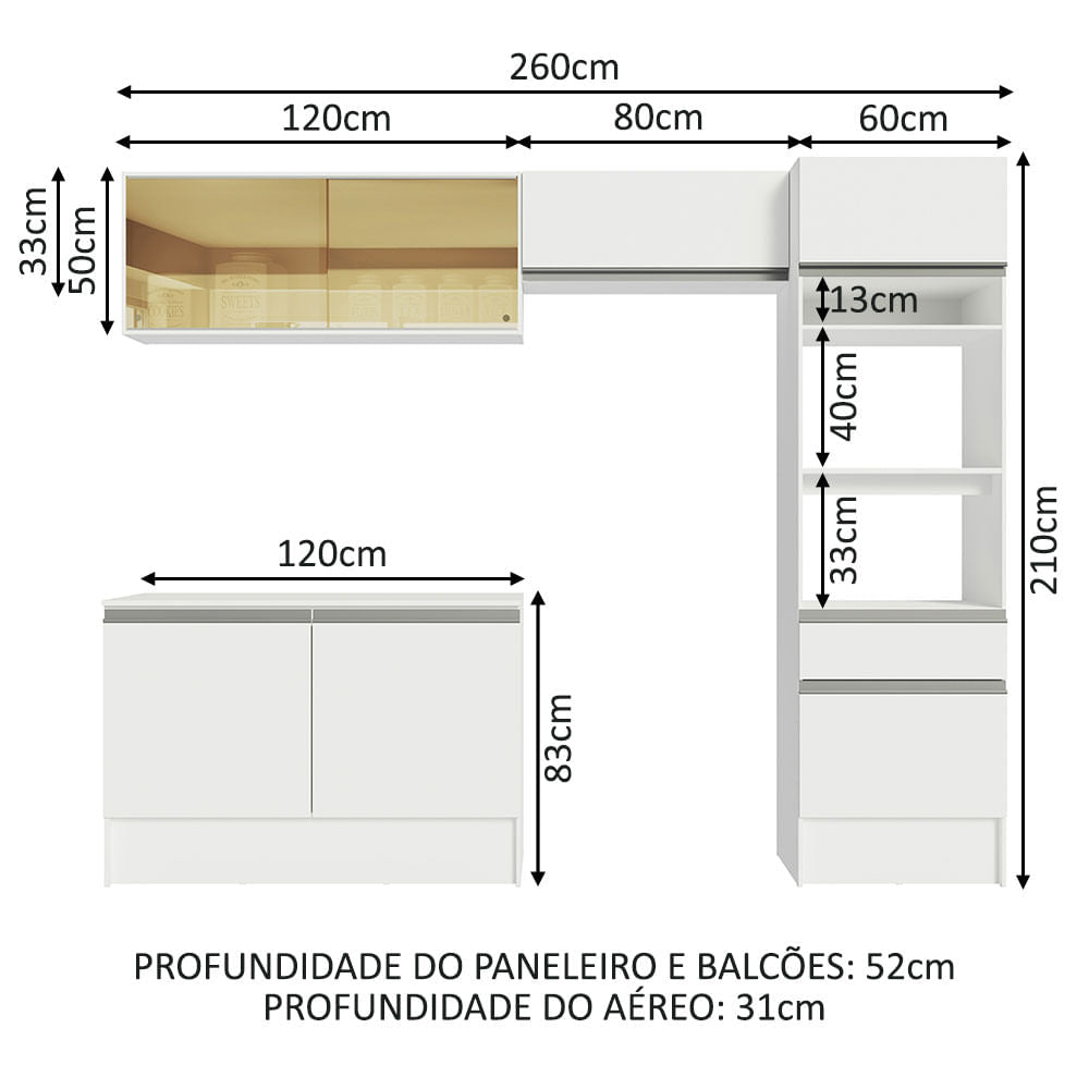 Armário de Cozinha Completa 260cm Branco Diamante Madesa 02