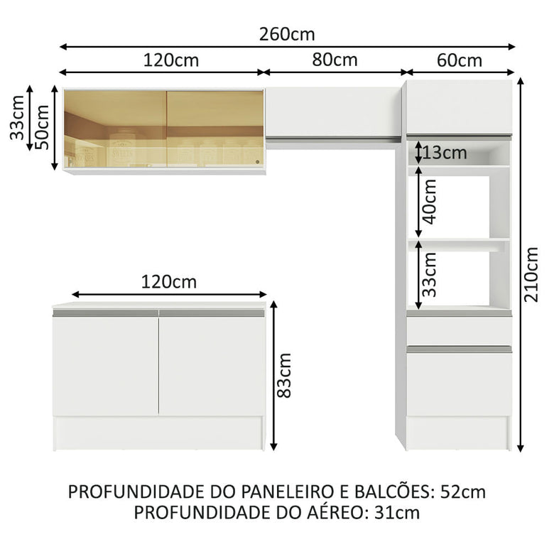 Armário de Cozinha Completa 260cm Branco Diamante Madesa 02
