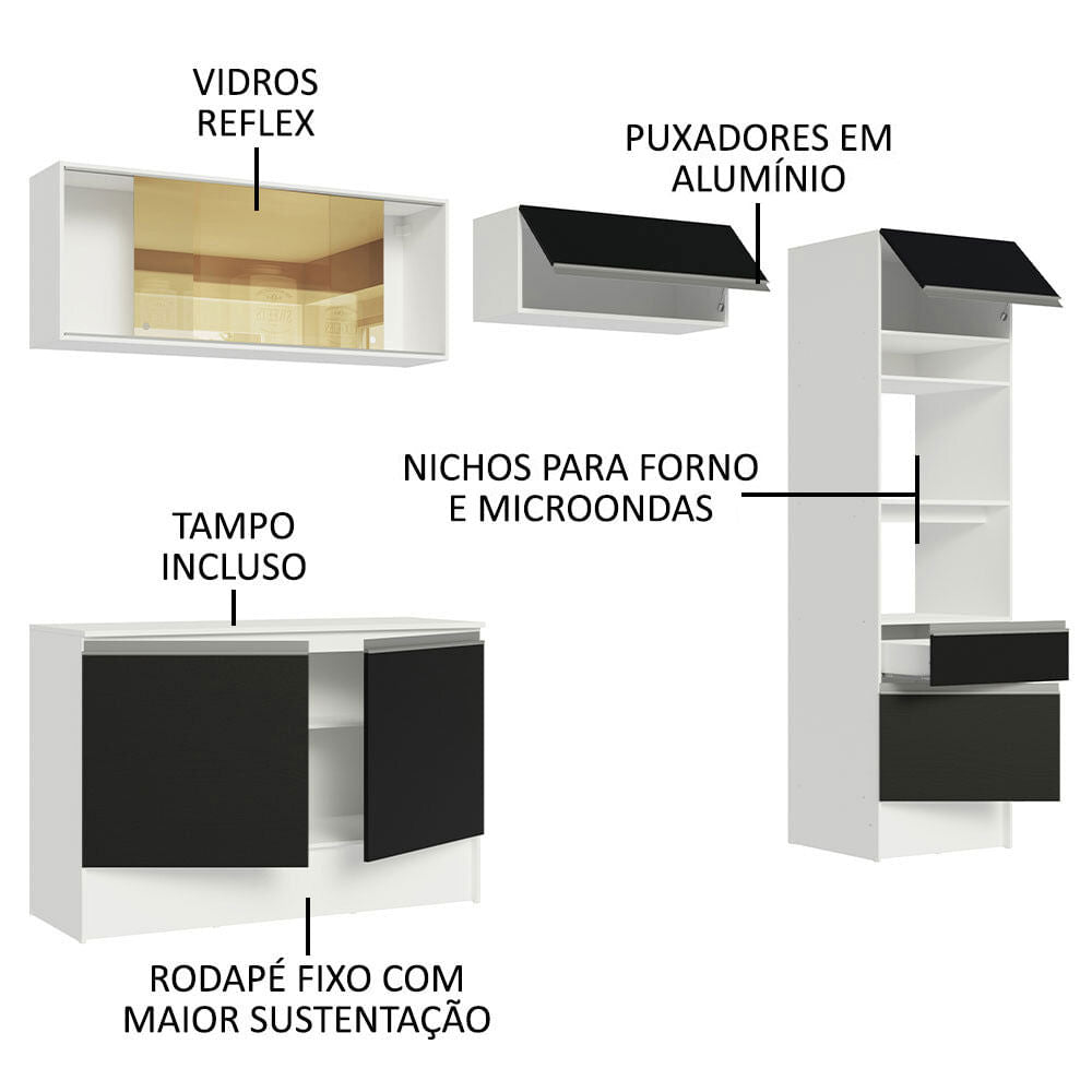 Armário de Cozinha Completa 260cm Branco/Preto Diamante Madesa 02