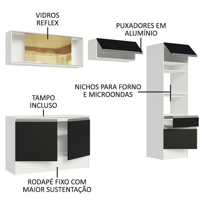 Armário de Cozinha Completa 260cm Branco/Preto Diamante Madesa 02