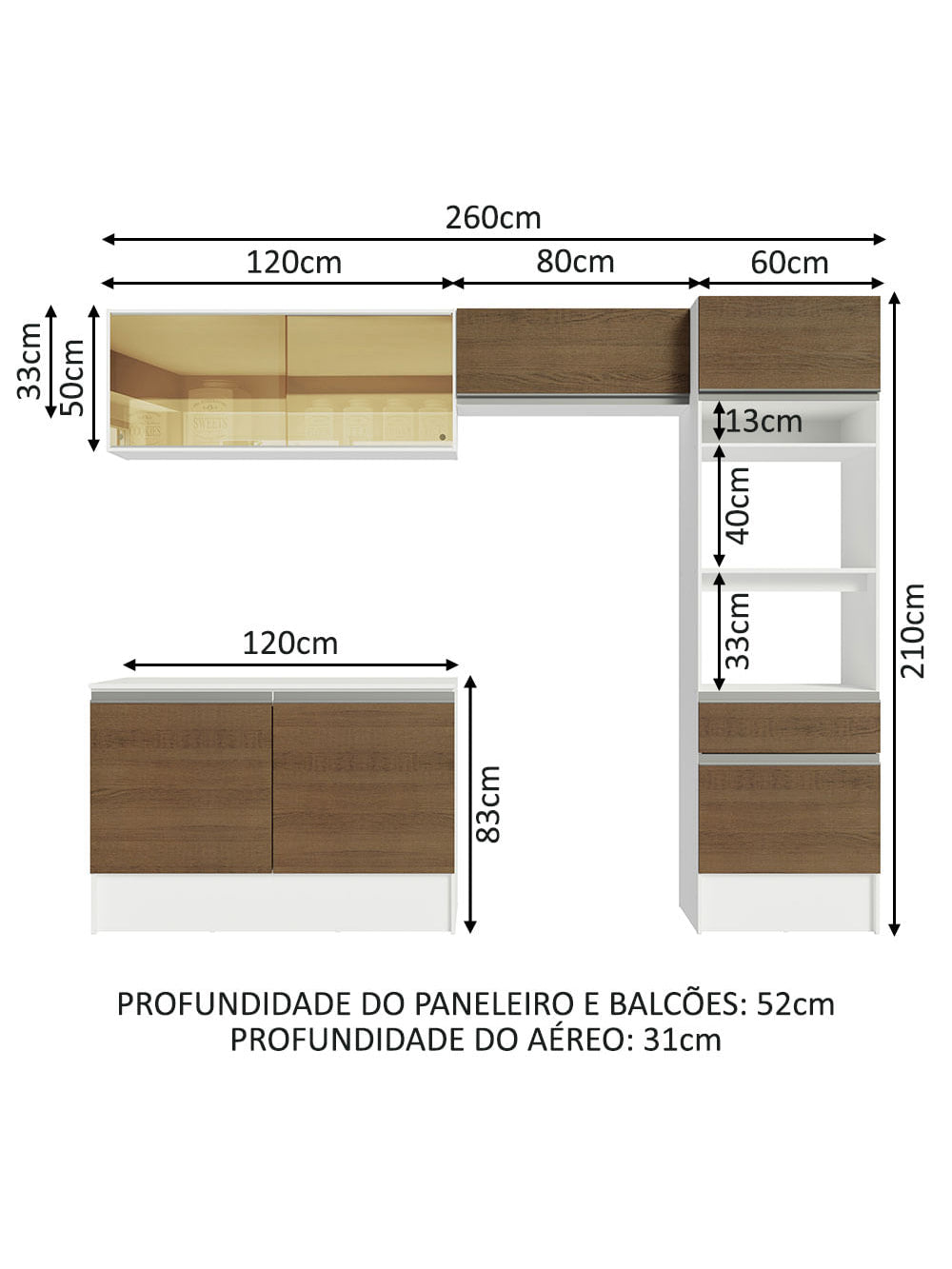 Armário de Cozinha Completa 260cm Branco/Rustic Diamante Madesa 02