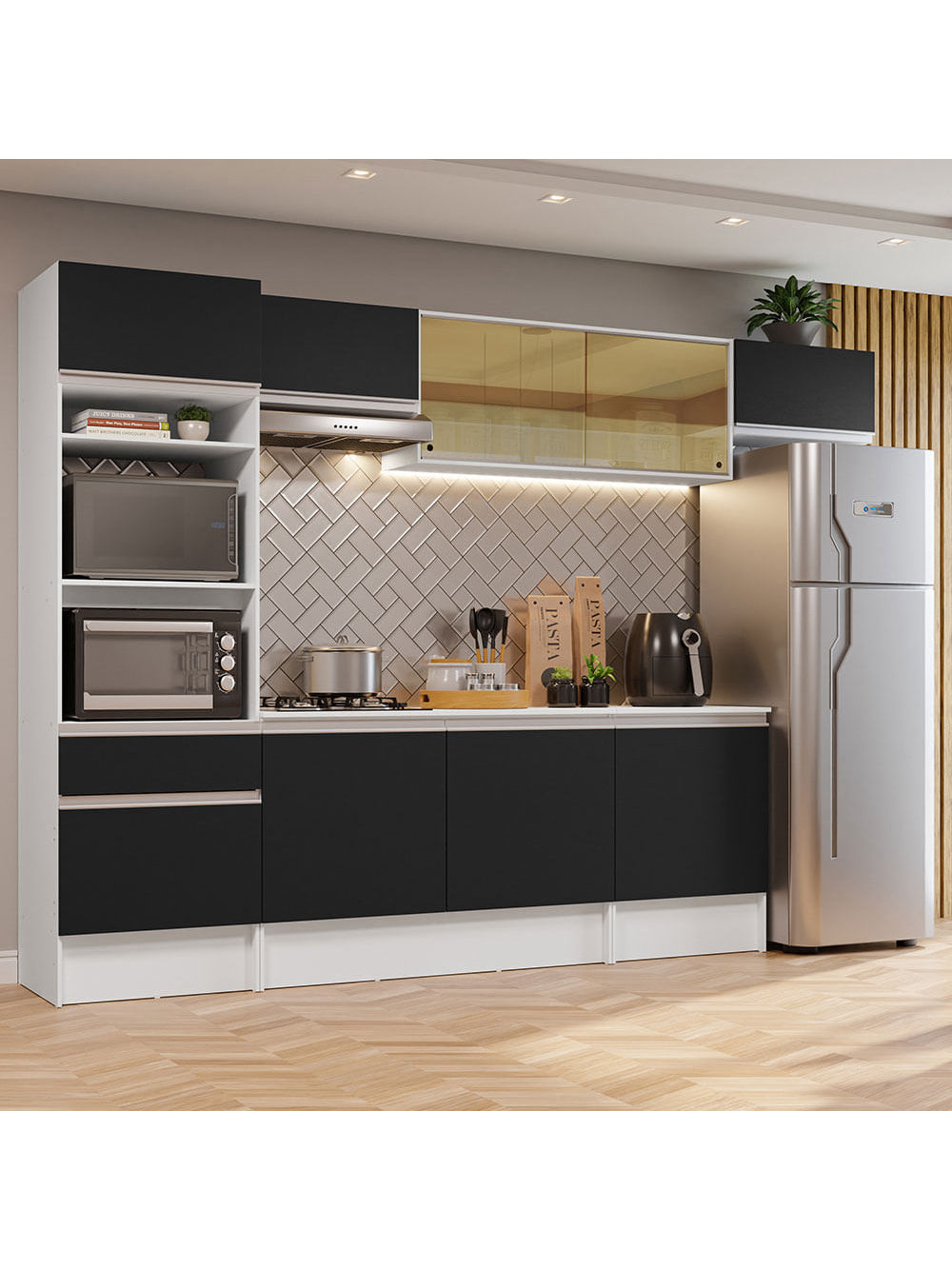 Armário de Cozinha Completa 300cm Branco/Preto Diamante Madesa 02 - Branco/Preto