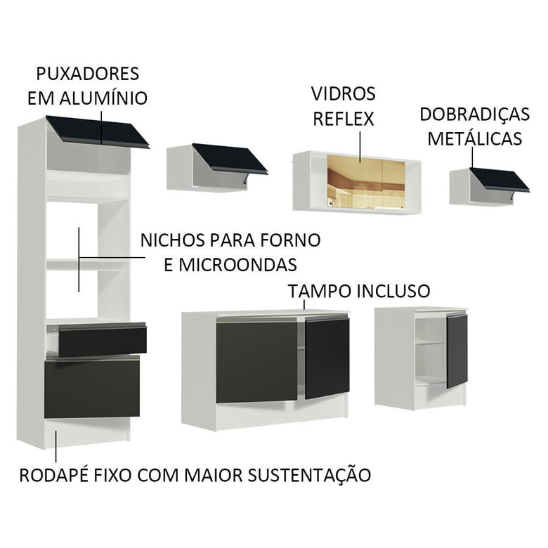 Armário de Cozinha Completa 300cm Branco/Preto Diamante Madesa 02