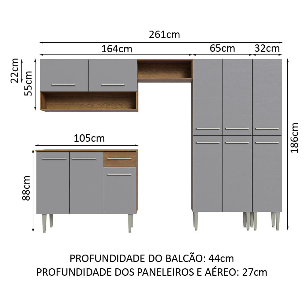 Armário de Cozinha Completa 261cm Rustic/Cinza Emilly Madesa 02