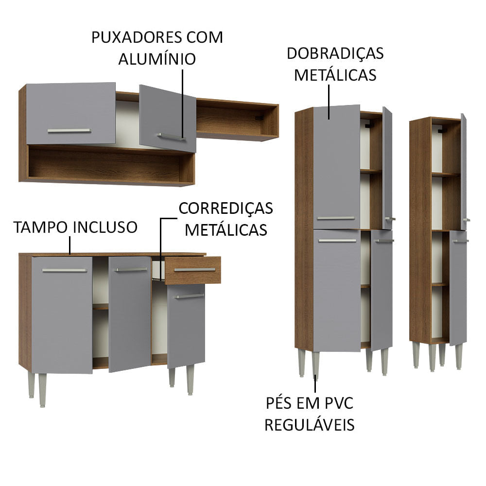 Armário de Cozinha Completa 261cm Rustic/Cinza Emilly Madesa 02
