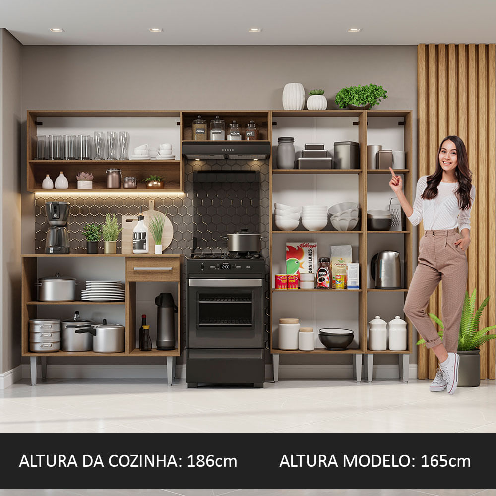 Armário de Cozinha Completa 261cm Rustic/Cinza Emilly Madesa 02