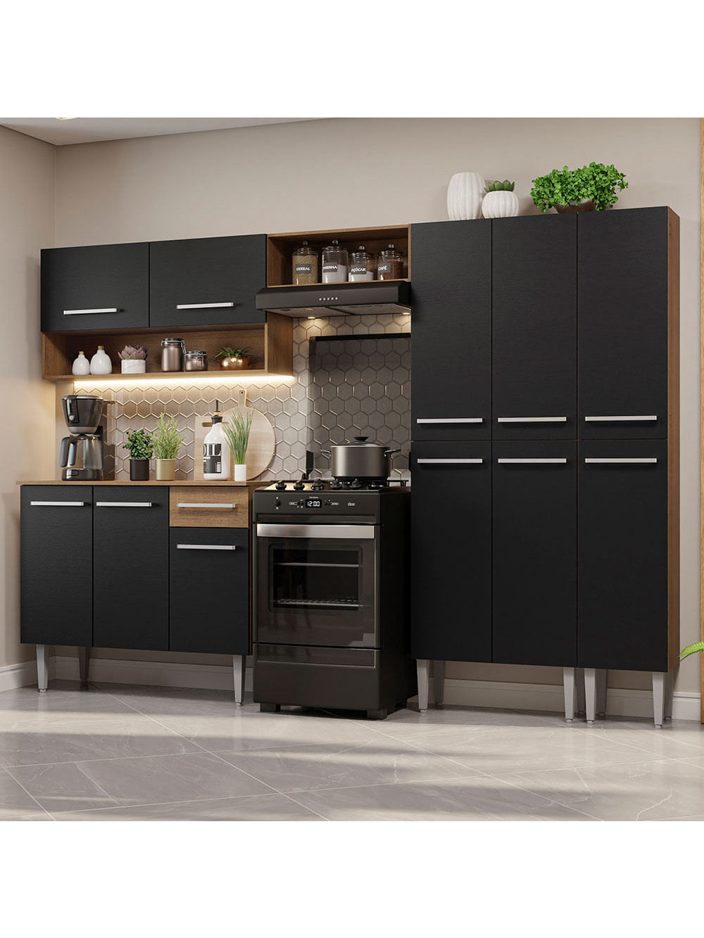 Armário de Cozinha Completa 261cm Rustic/Preto Emilly Madesa 02 - Rustic/Preto