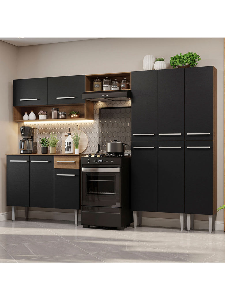 Armário de Cozinha Completa 261cm Rustic/Preto Emilly Madesa 02
