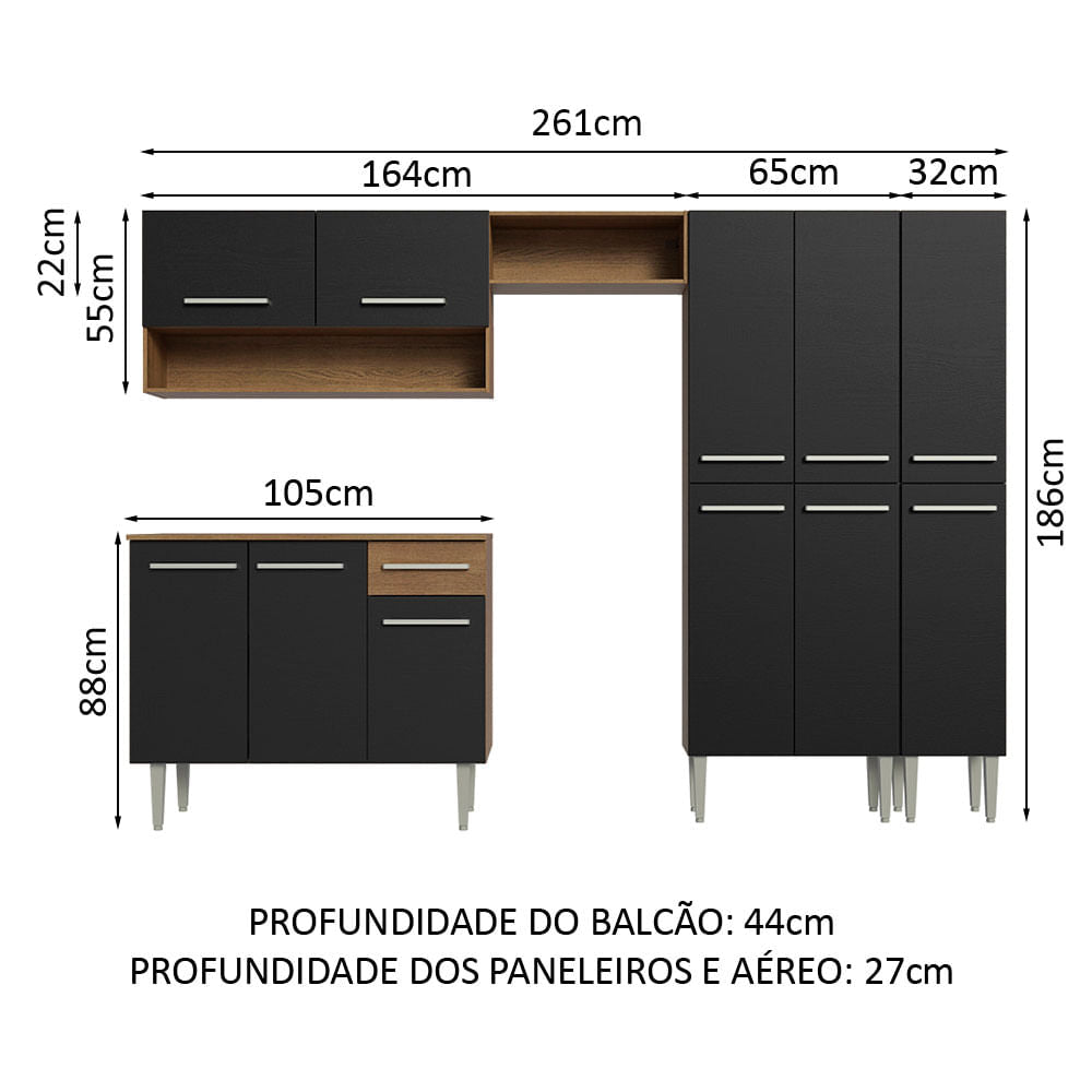 Armário de Cozinha Completa 261cm Rustic/Preto Emilly Madesa 02