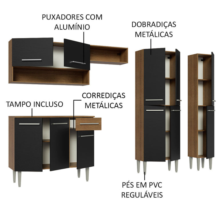 Armário de Cozinha Completa 261cm Rustic/Preto Emilly Madesa 02