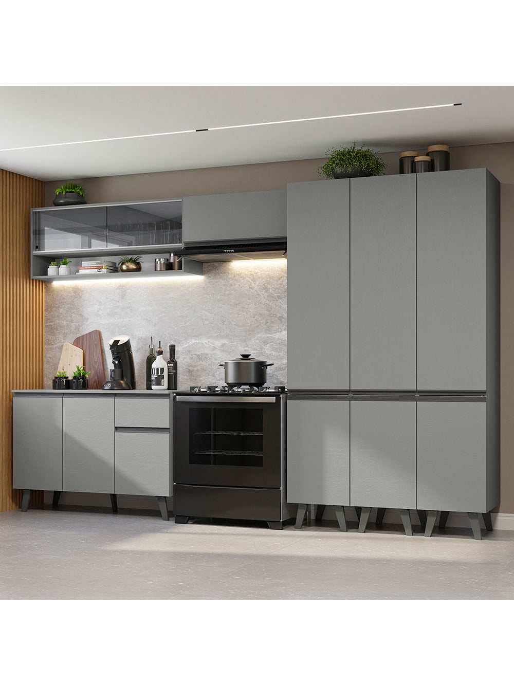 Armário de Cozinha Completa 320cm Cinza Nice Madesa 02 - Cinza