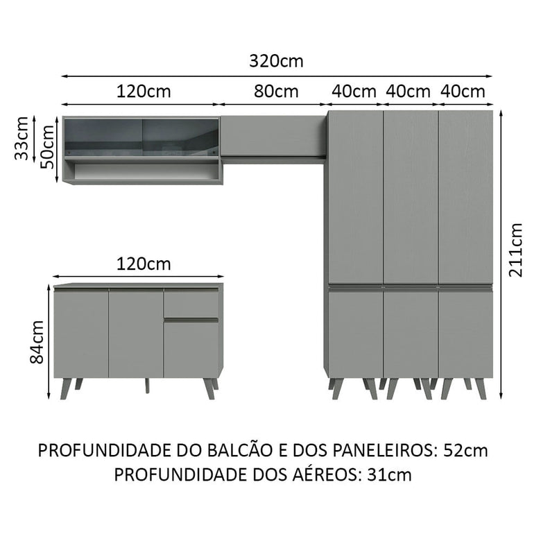 Armário de Cozinha Completa 320cm Cinza Nice Madesa 02