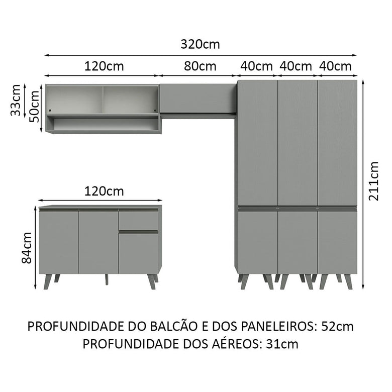 Armário de Cozinha Completa 320cm Cinza Nice Madesa 03