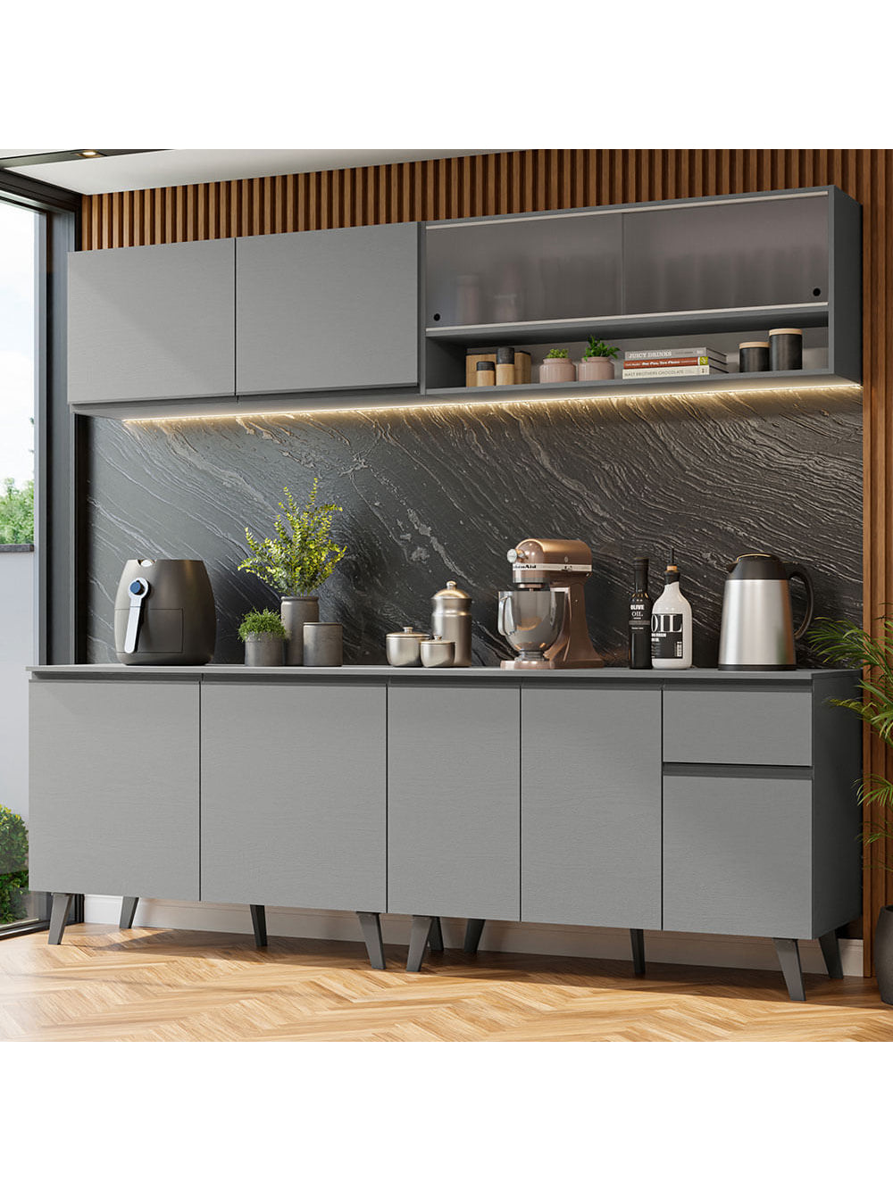 Armário de Cozinha Completa 240cm Cinza Nice Madesa 02 - Cinza