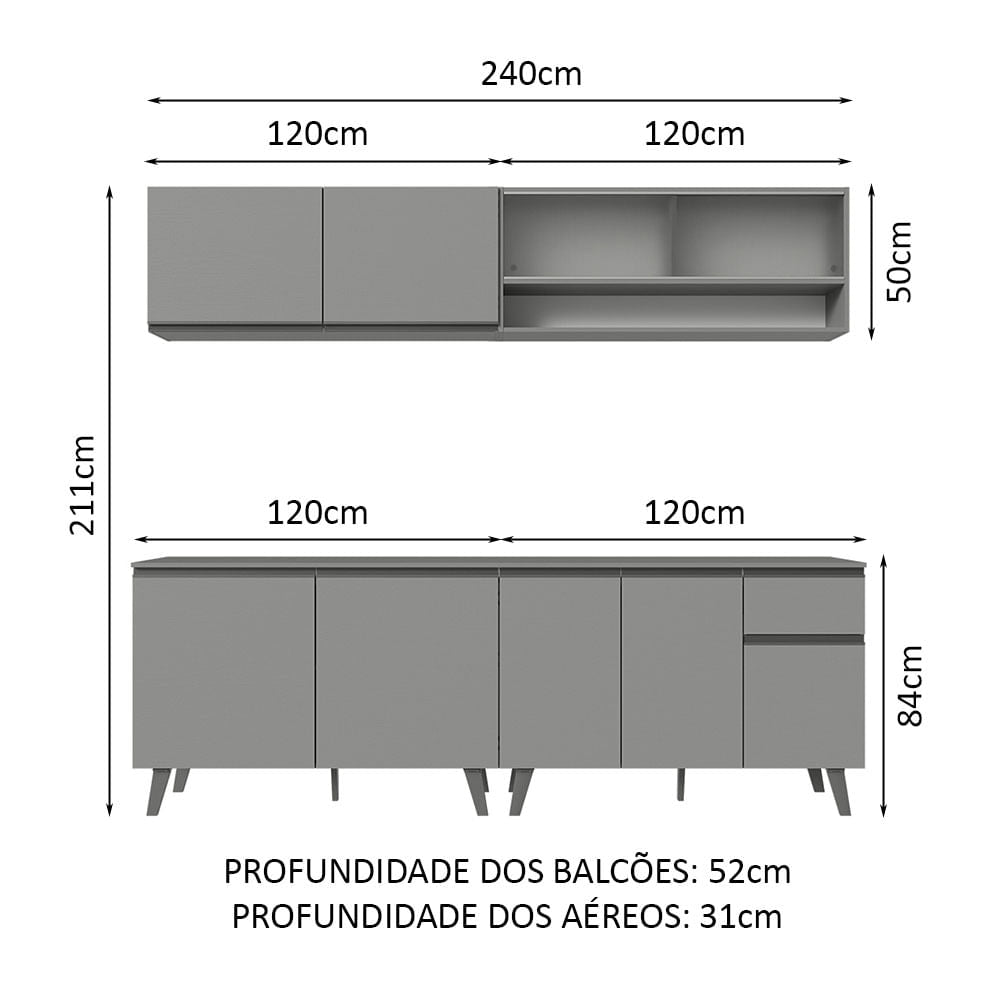 Armário de Cozinha Completa 240cm Cinza Nice Madesa 02