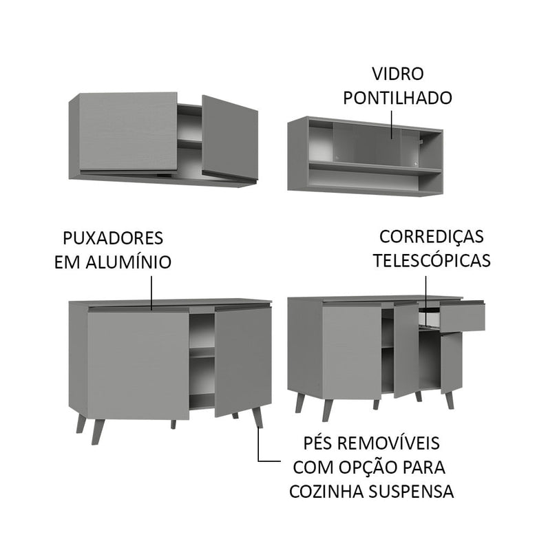 Armário de Cozinha Completa 240cm Cinza Nice Madesa 02