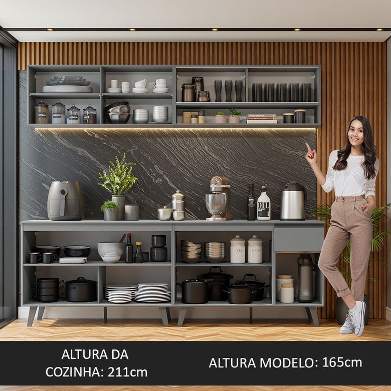 Armário de Cozinha Completa 240cm Cinza Nice Madesa 02