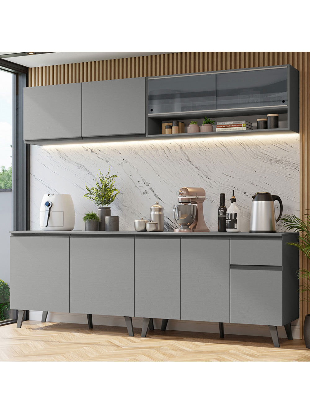 Armário de Cozinha Completa 240cm Cinza Nice Madesa 03 - Cinza