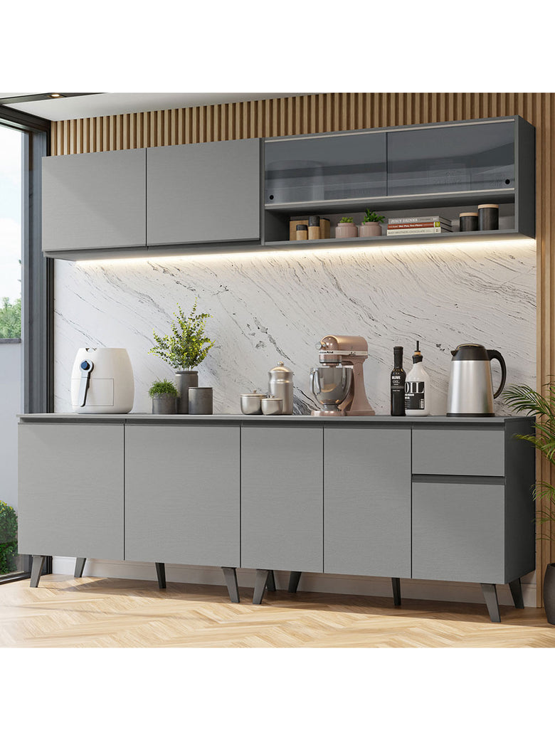 Armário de Cozinha Completa 240cm Cinza Nice Madesa 03