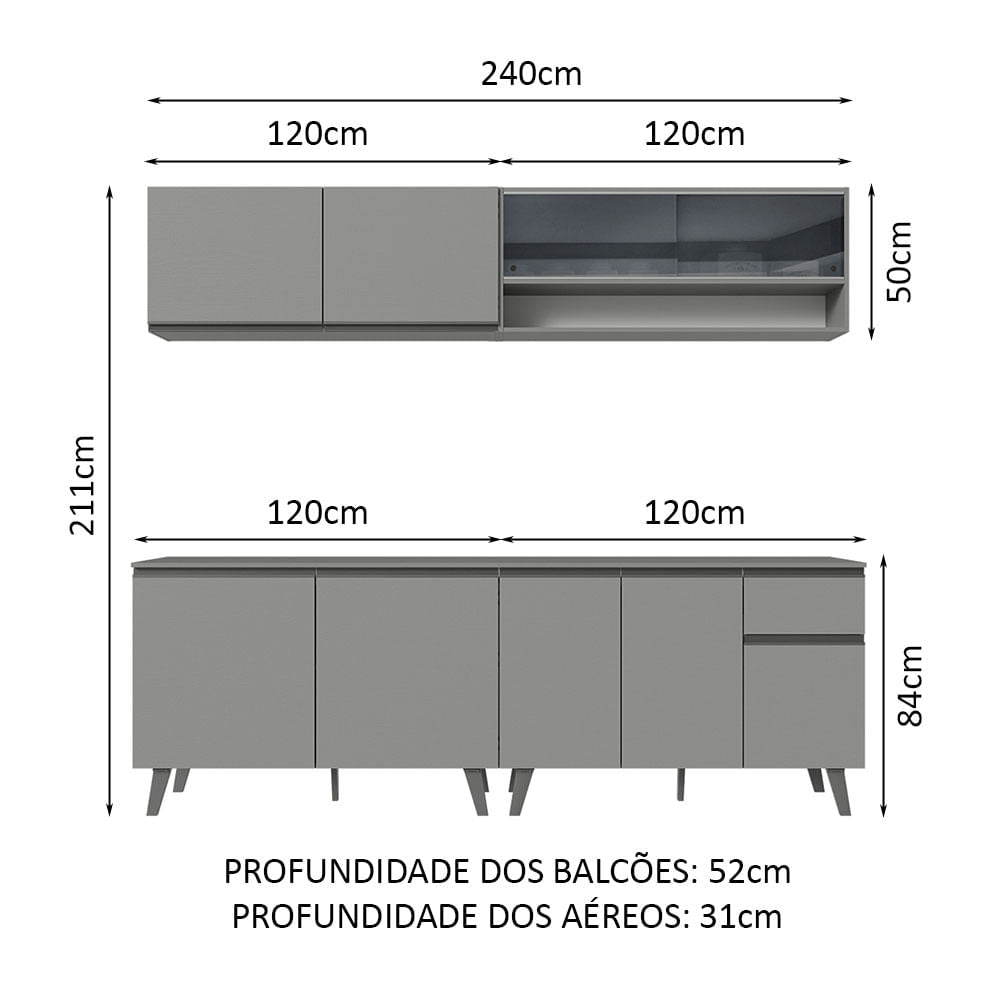 Armário de Cozinha Completa 240cm Cinza Nice Madesa 03