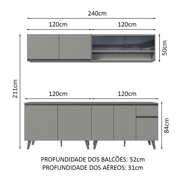 Armário de Cozinha Completa 240cm Cinza Nice Madesa 03