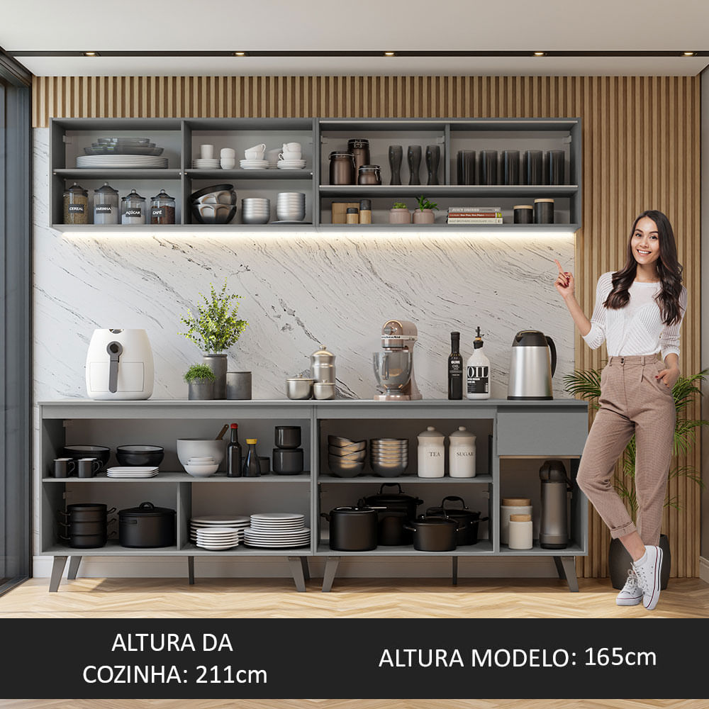 Armário de Cozinha Completa 240cm Cinza Nice Madesa 03