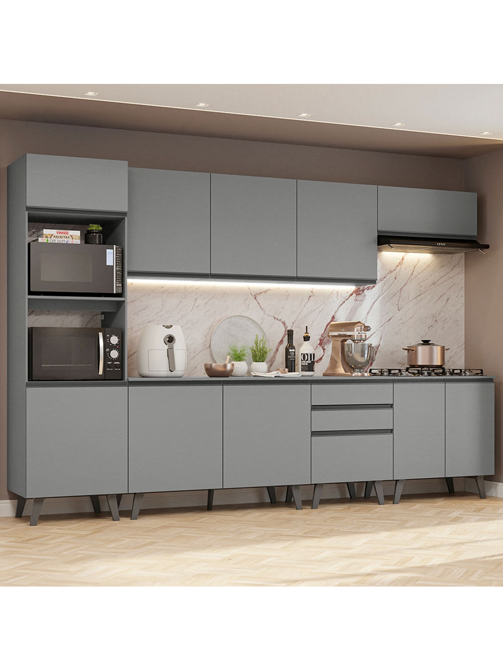 Armário de Cozinha Completa 320cm Cinza Nice Madesa 06 - Cinza