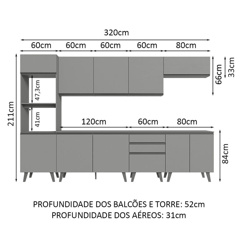 Armário de Cozinha Completa 320cm Cinza Nice Madesa 06