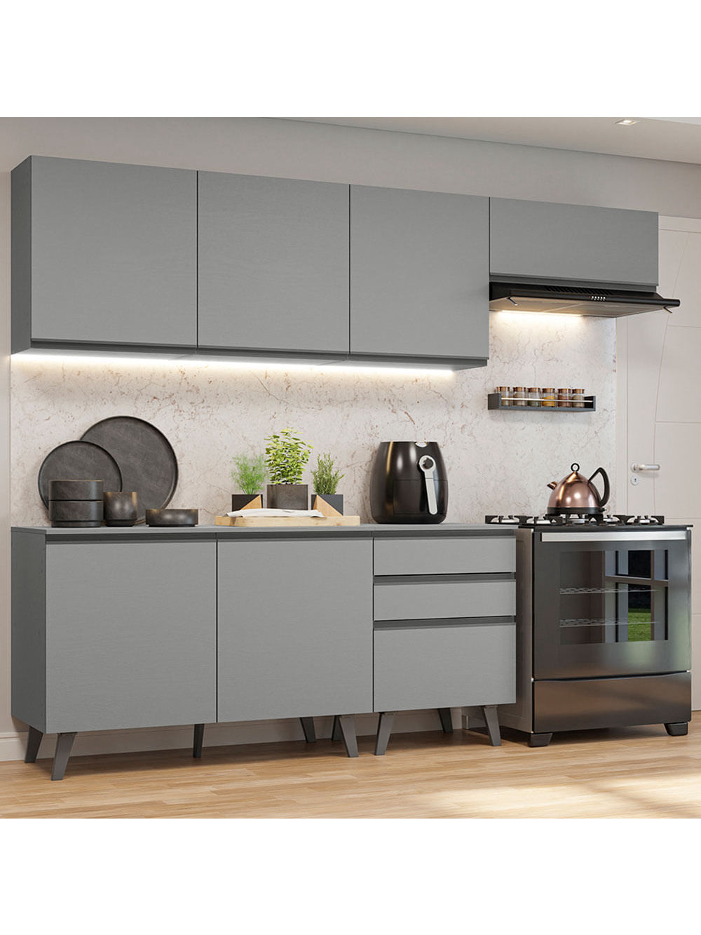 Armário de Cozinha Completa 260cm Cinza Nice Madesa 12 - Cinza