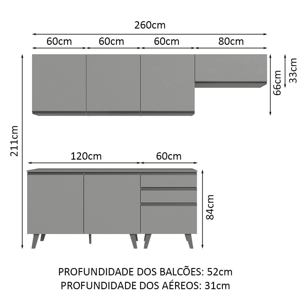 Armário de Cozinha Completa 260cm Cinza Nice Madesa 12