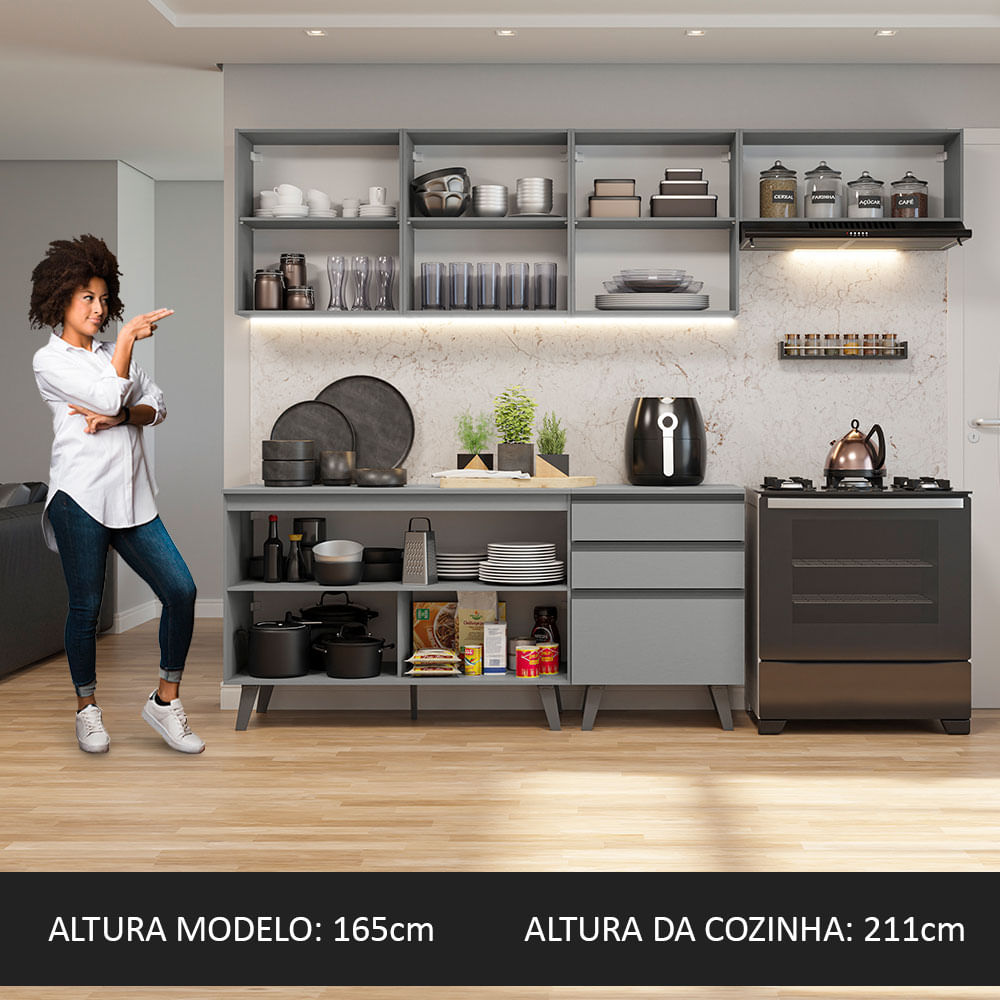 Armário de Cozinha Completa 260cm Cinza Nice Madesa 12
