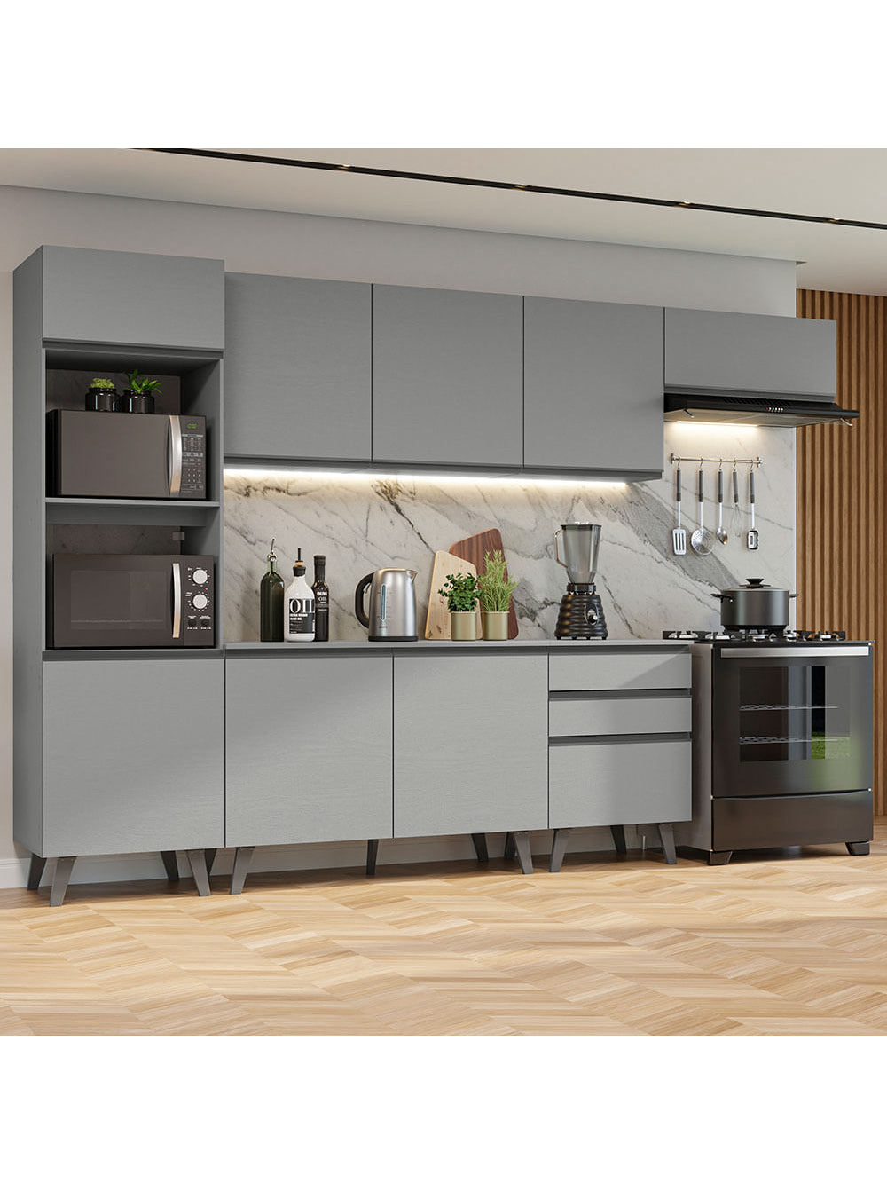 Armário de Cozinha Completa 320cm Cinza Nice Madesa 08 - Cinza