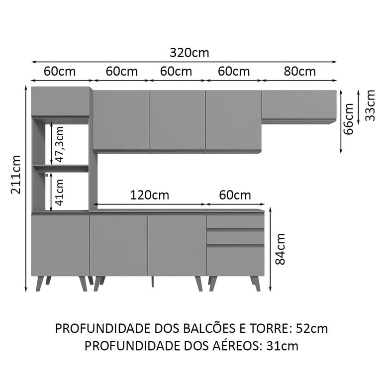 Armário de Cozinha Completa 320cm Cinza Nice Madesa 08