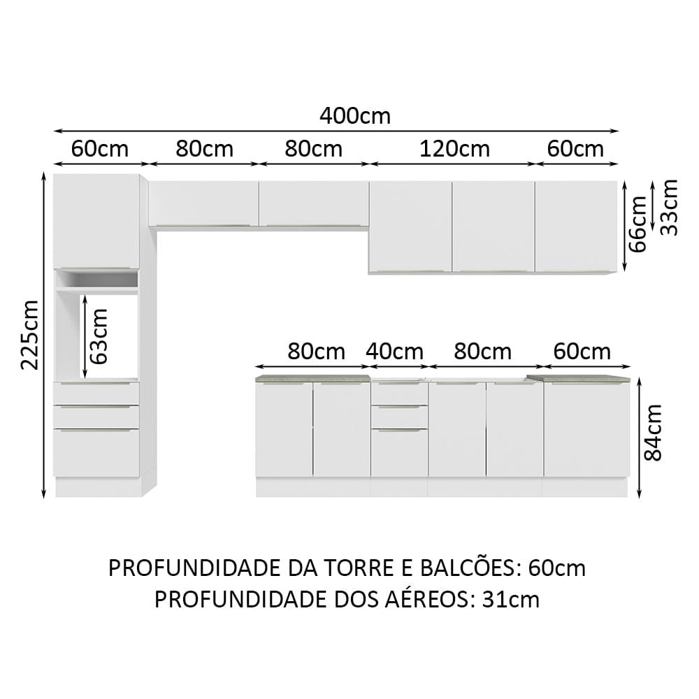 Armário de Cozinha Completa 400cm Branco Veludo Lux da Thauane Madesa