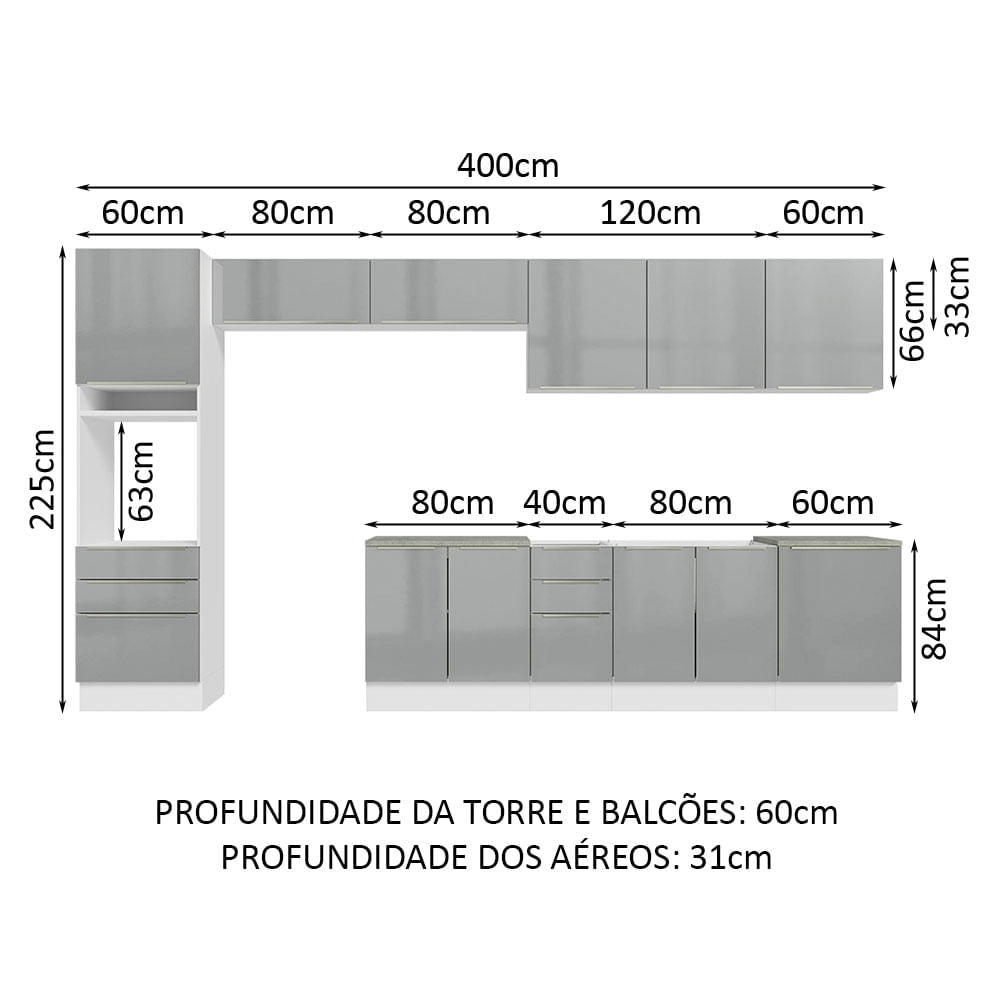 Armário de Cozinha Completa 400cm Branco/Cinza Lux da Thauane Madesa