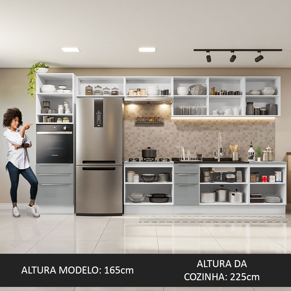 Armário de Cozinha Completa 400cm Branco/Cinza Lux da Thauane Madesa