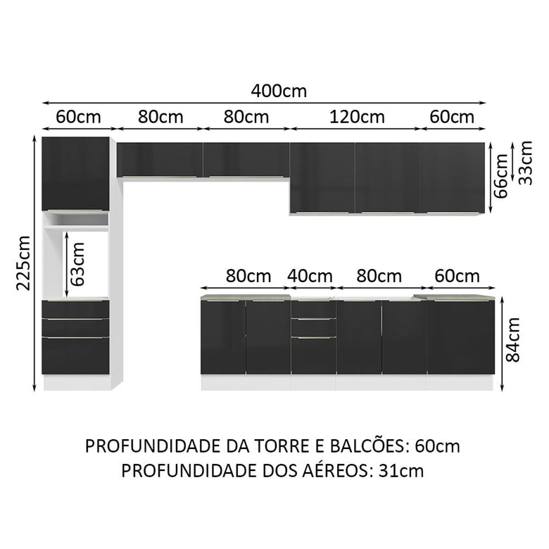 Armário de Cozinha Completa 400cm Branco/Preto Lux da Thauane Madesa
