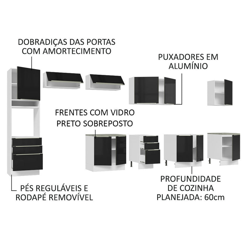 Armário de Cozinha Completa 400cm Branco/Preto Lux da Thauane Madesa