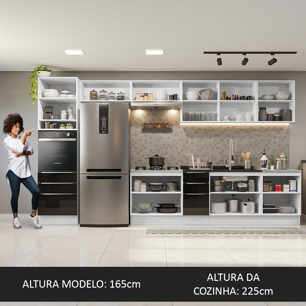 Armário de Cozinha Completa 400cm Branco/Preto Lux da Thauane Madesa