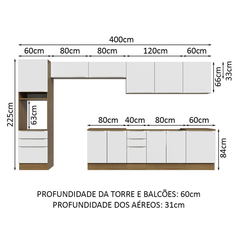 Armário de Cozinha Completa 400cm Rustic/Branco Veludo Lux da Thauane Madesa