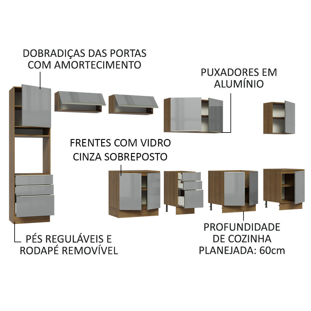 Armário de Cozinha Completa 400cm Rustic/Cinza Lux da Thauane Madesa