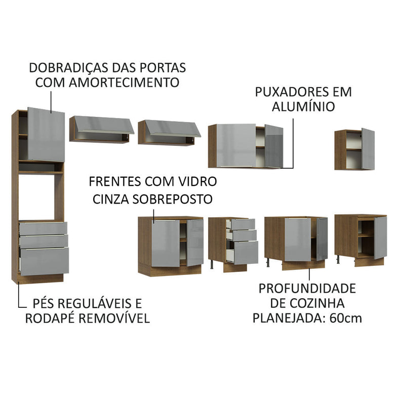 Armário de Cozinha Completa 400cm Rustic/Cinza Lux da Thauane Madesa