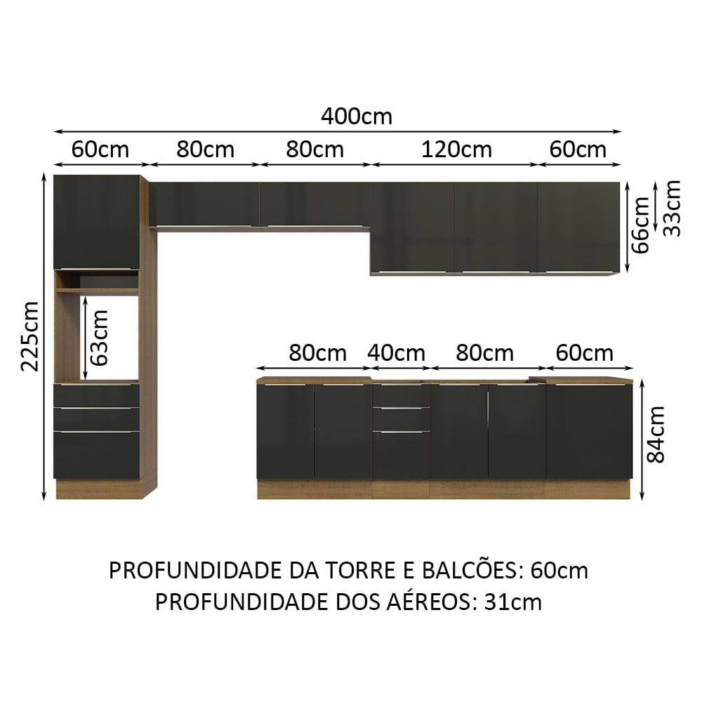Armário de Cozinha Completa 400cm Rustic/Preto Lux da Thauane Madesa