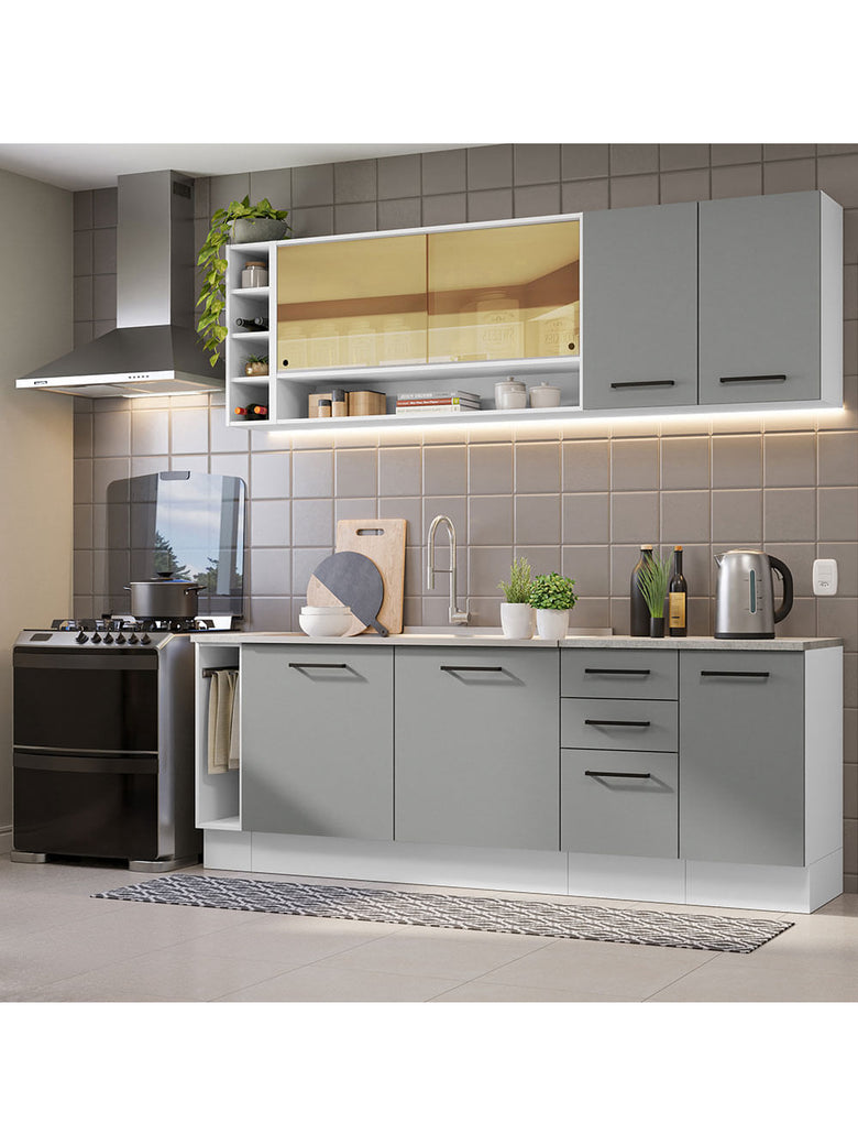 Armário de Cozinha Completa 220cm Branco/Cinza Agata da Thêmis Madesa