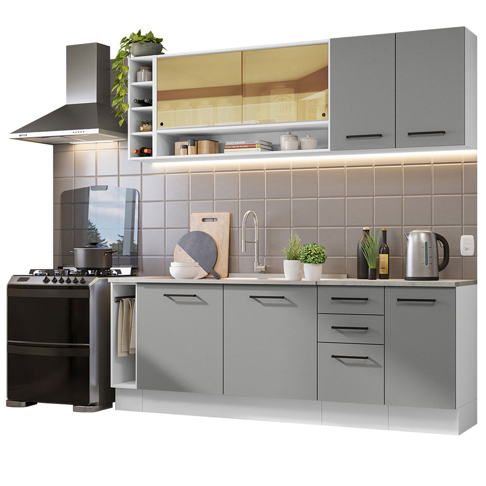 Armário de Cozinha Completa 220cm Branco/Cinza Agata da Thêmis Madesa - Branco/Cinza
